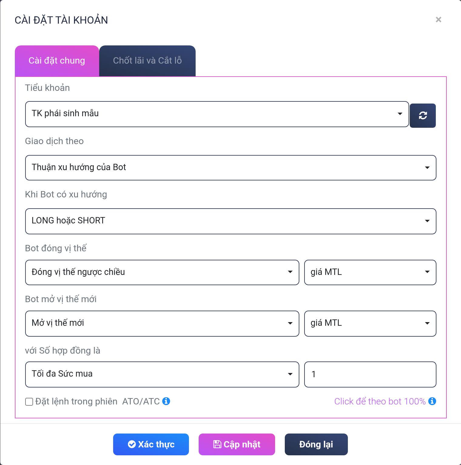 Tab Cài đặt chung của tài khoản Tổ Bot