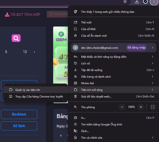 Chrome menu